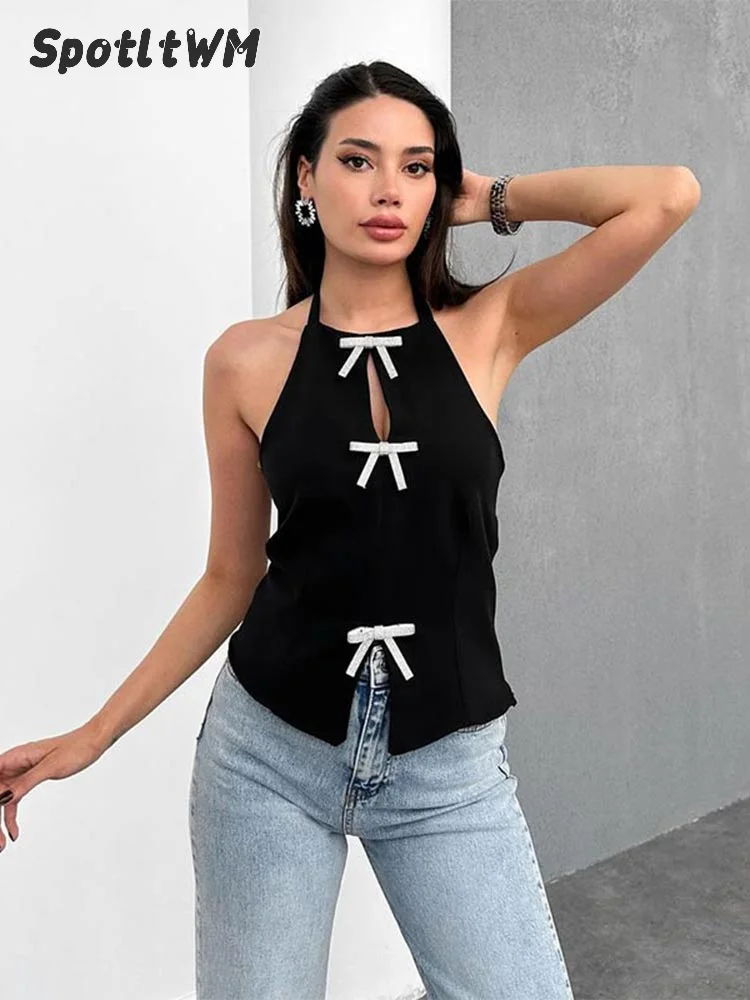 Slim Fit Summer Hollow Bow Asymmetrical Top O-Neck Out Yellow main image 0