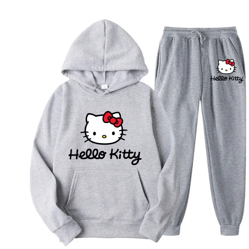 Hello Kitty Cartoon Anime Women Sweatshirt Sweatpants Set Fashion Men Pullover Pants Suit Spring Autumn Couple Hoodie Pant Sets 4