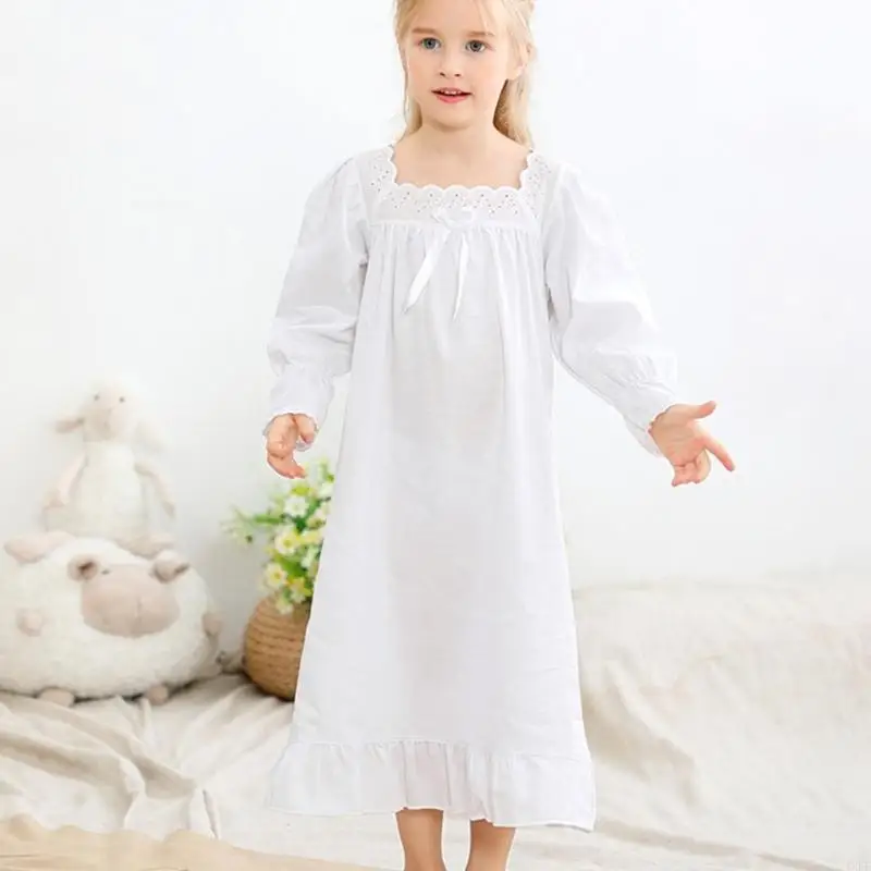 Kinderprinzessin -Nachtwäsche verfügen über Langarm -Square -Kragen Akzent bequemer Baumwoll -Nachthemd für Mom Girls – Detail 4