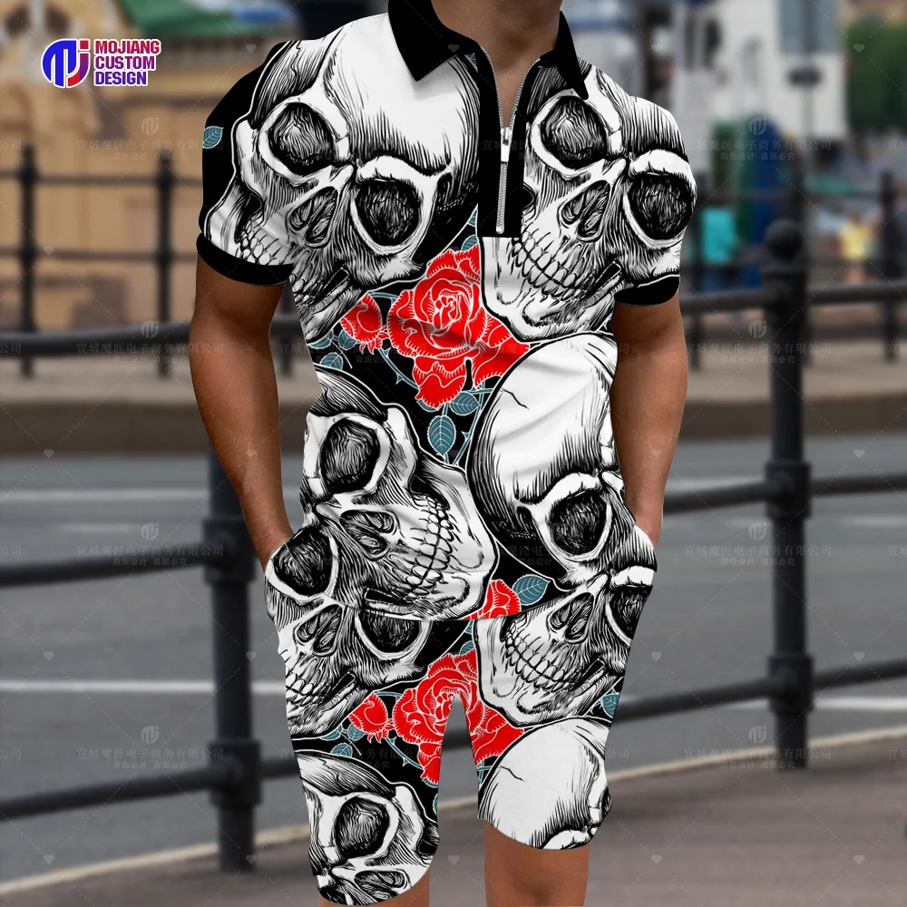 Summer Men's Watercolor Graffiti Floral Skull Short Sleeve Zipper Stand Collar Clothing Polo Shirt Set 3D Printing Casual Shorts