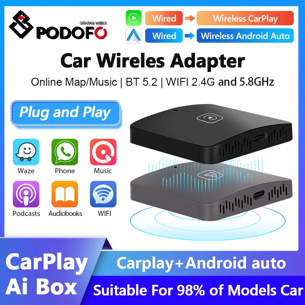 Podofo Carplay Ai Box Wireless Carplay Adattatore Per Auto Apple Dongle Plug Play Bluetooth Per Kia Volkswagen Toyota Peugeot Volvo