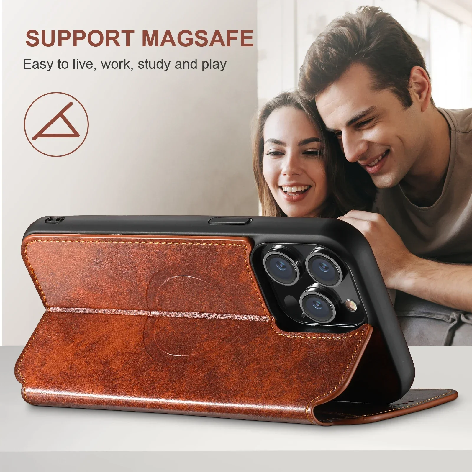 Magnetic Leather Wallet Phone Case with Wireless Charging & Kickstand