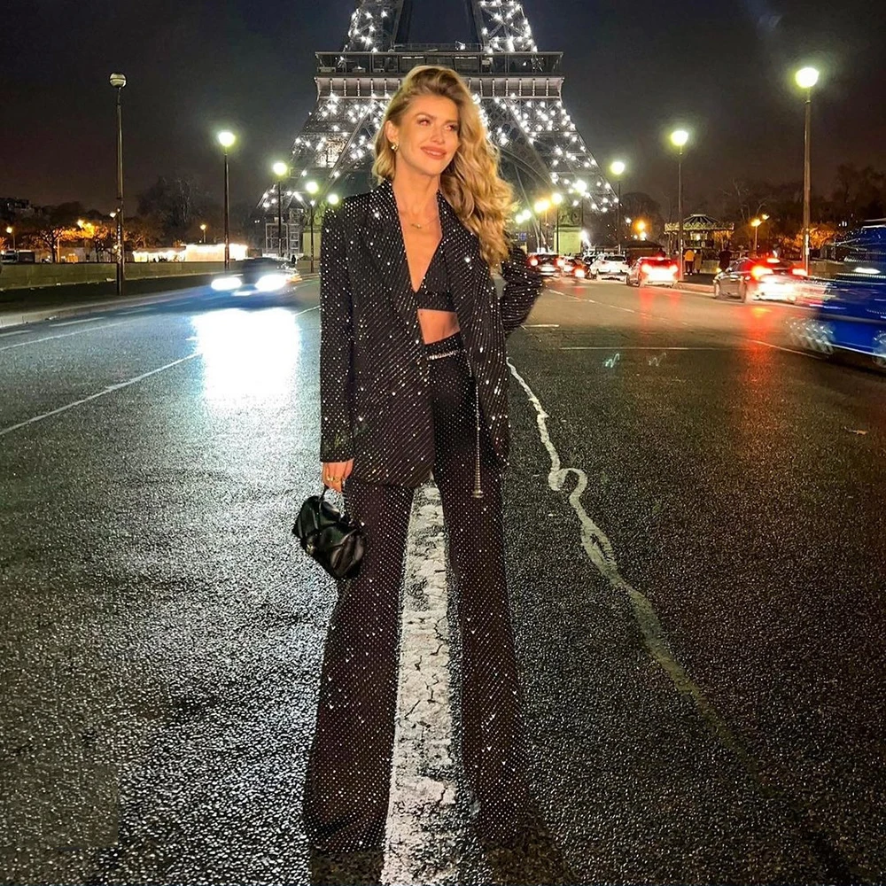 

Real pic 3 Piece Sets Blazer Pants Suits Women Black Bling Fashion INS Single Button Long Blazer Flared Pants Formal Sets