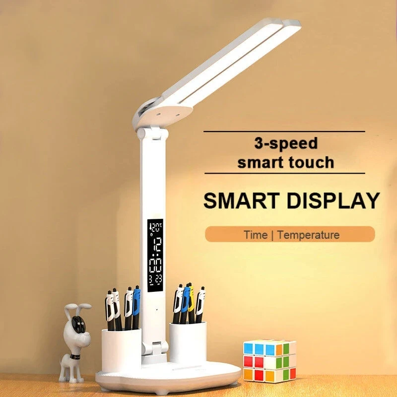LED Clock Table Lamp USB Chargeable Touch Desk Lights 2  Heads  180 Rotate Foldable Eye Protection Desktop Reading Night  Lights