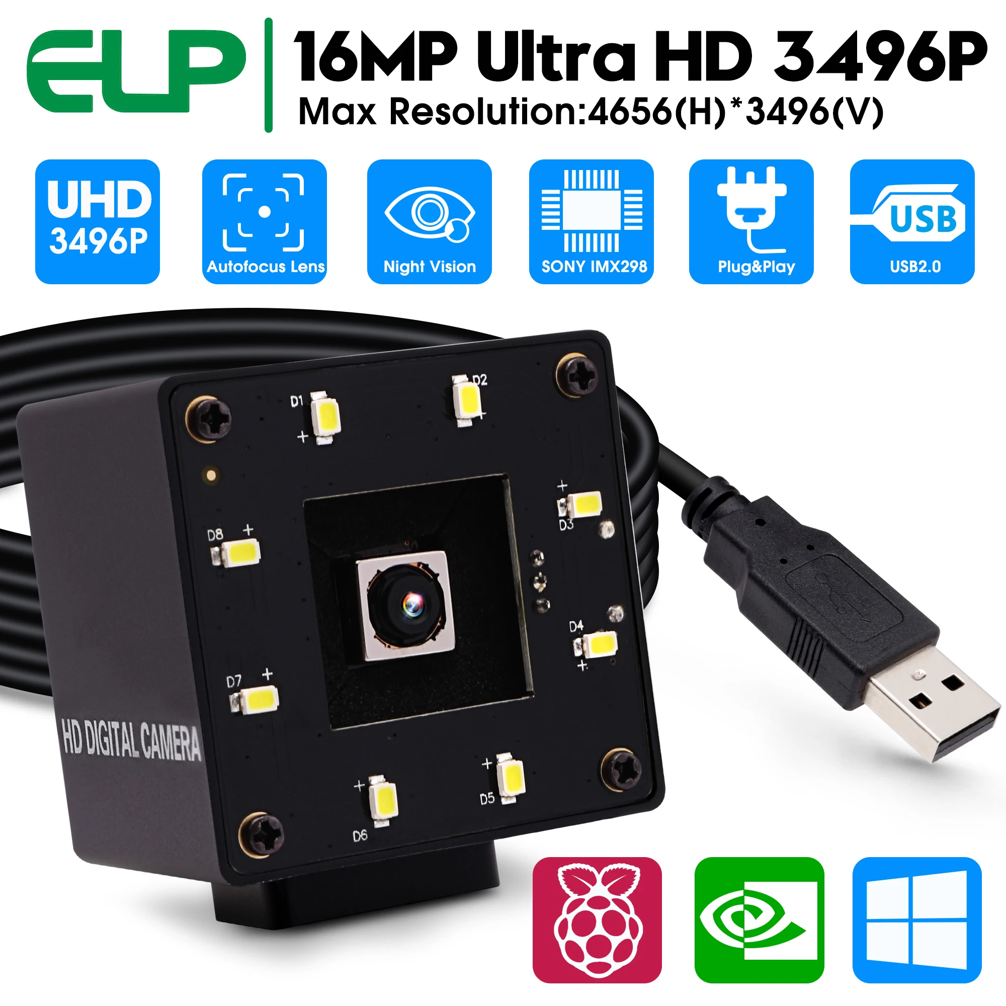 ELP 16MP Autofocus USB Camera with Microphone for Computer Mini UVC USB2.0  Lightburn Camera Micro USB Security PC Camera Module