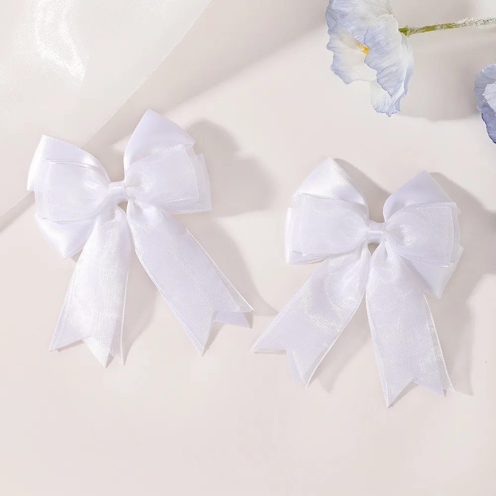 Elegant Satin Organza Long Tail Bow Hair Clips - White, Navy, and Royal Blue Hair Accessories