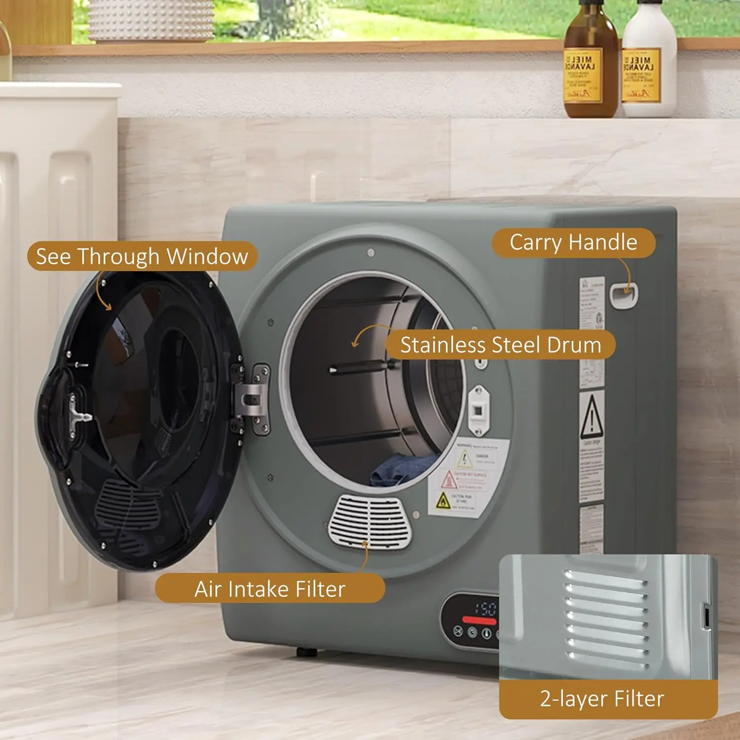 Portable Clothes Dryer, Compact Laundry Dryer with 1.5 cu.ft Stainless Steel Drum, Intelligent Drying, 120V 850W Front Load Elec