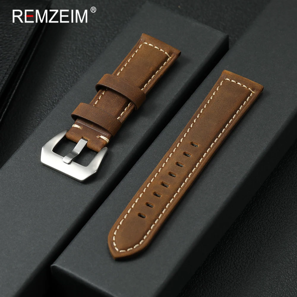 Vintage Crazy Horse Leather Watch Strap - Men's Genuine Cowhide Band, Durable Sport Replacement Bracelet Belt