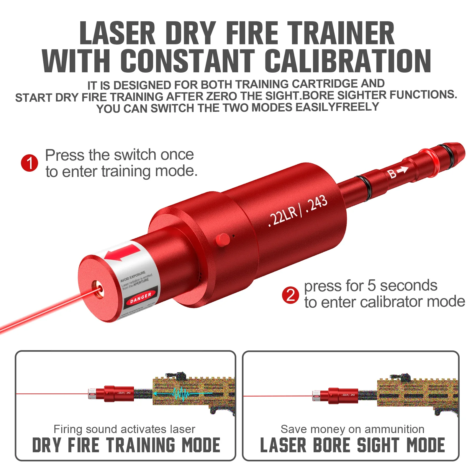 Red Dot Laser Sight Tactical 9mm Red Dot Laser Bore Sight 22LR 12GA 7.62mm Voice Controlled Laser Training Bullet 9mm Dry Fire Trainer Cartridge