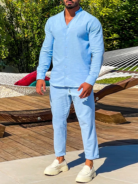 Tuta Estiva Uomo 2 Pezzi In Cotone E Lino - Set Casual Per Spiaggia Con Coulisse - Foto 5