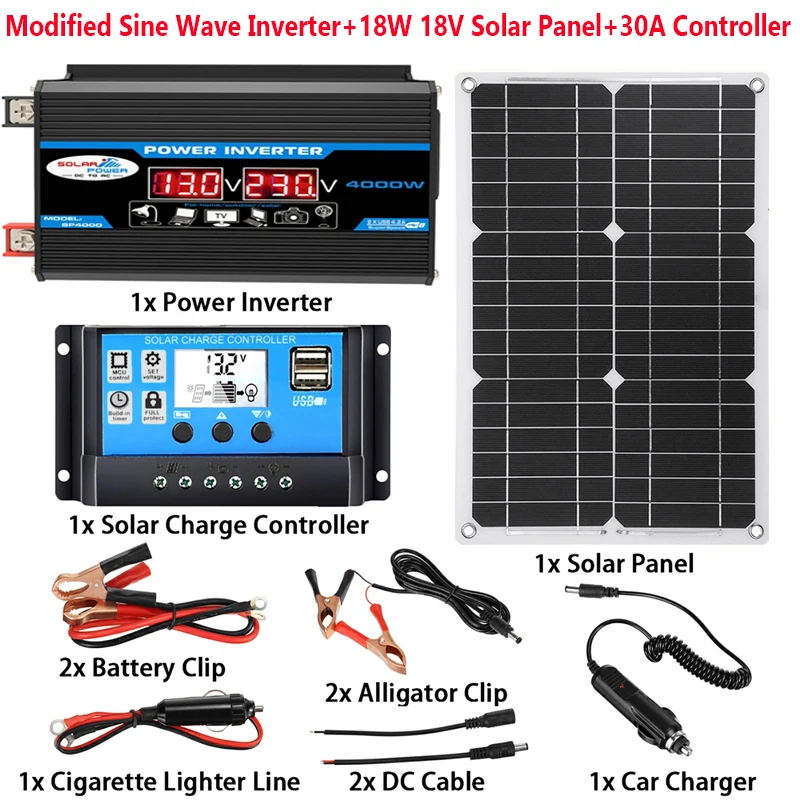 

12V to 110V/220V Solar Power System 18V 18W Solar Panel 30A Charge Controller 4000W Car Inverter Complete Power Generation Kit