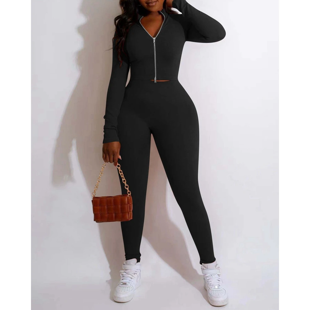 Casual Womens Tracksuit Zipper Design Long Sleeve Top & Skinny Pants Set Workout Tight Sporty Yoga 2 Piece Set for Women Outfits