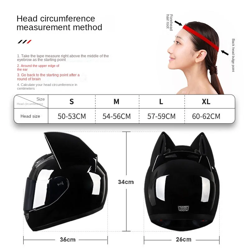 HNJ Motorcycle Helmets Moto Cat Ears Helmet DOT Approved Full Face