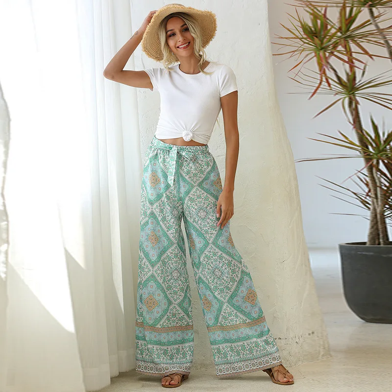 Ladies Summer Floral Print Wide Leg Belt Trousers Ladies Holiday Beach Casual Loose Women's Clothing Vintage Streetwear Trousers