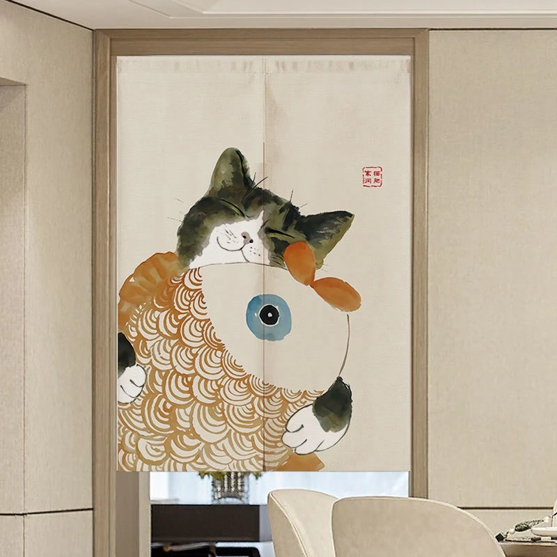 Chinese Door Curtain Split Noren Living Room Bedroom Partition Fat Cat Printed Drapes Kitchen Entrance Hanging Half-CurtainsJapanese Door Curtain Noren Lucky Cat Doorway Curtain For Kitchen Sushi Izakaya Home Entrance Decor Partition Fengshui Curtain 