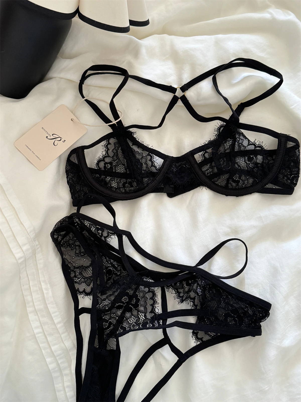 Cross straps sexy push up underwear mesh lace knot thin cups bra with briefs women lace sexy top support breathable lingerie set