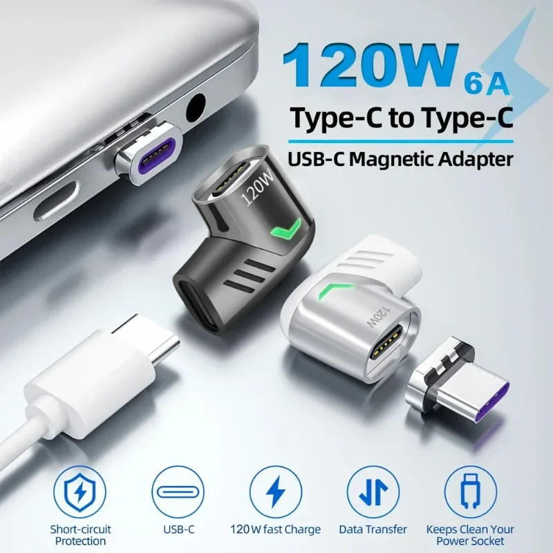 자석식 120W USB C to Type C 어댑터 고속 충전 마그네틱 컨버터 (직각) 휴대폰, 태블릿, 아이패드, 노트북용 USB 컨버터