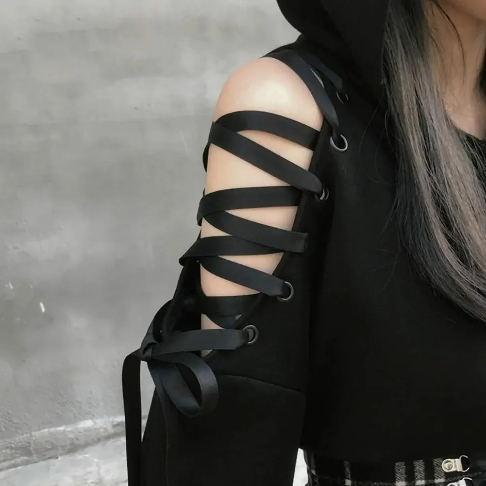 Harajuku Women Summer Top Long Sleeveless Cute Cat Ear Hooded Pullover Lace Up Sweatshirt Hollow Out Lace Up Hoodies Short Top