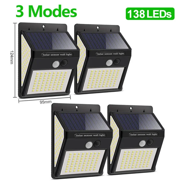 222 LED Solar Lamps Outdoor Sunlight Powered 4 Modes Waterproof Solar Led Light With Motion Sensor For Street Garden Decoration 138 LEDs-4 peices