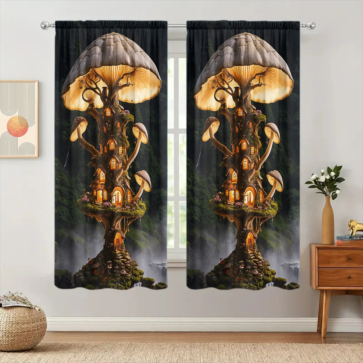 2pcs Mushroom House Pattern Printed Curtain for Home Decor - Rod Pocket Window Treatment for Bedroom, Office, Kitchen 5