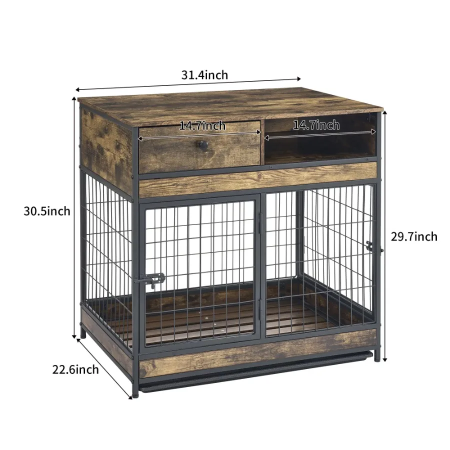 Dog Crate Rustic Brown 31.5Wx22.64Dx30.59H Double Doors Furniture Cage