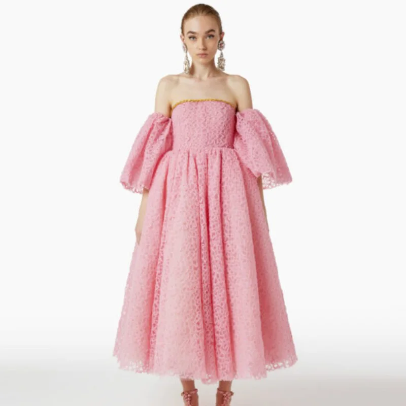 

Off Shoulder Midi Length Light Pink Lace Dress Short Sleeve A-line Prom Dresses For Women Open Back Fluffy Evening Dress Elegant