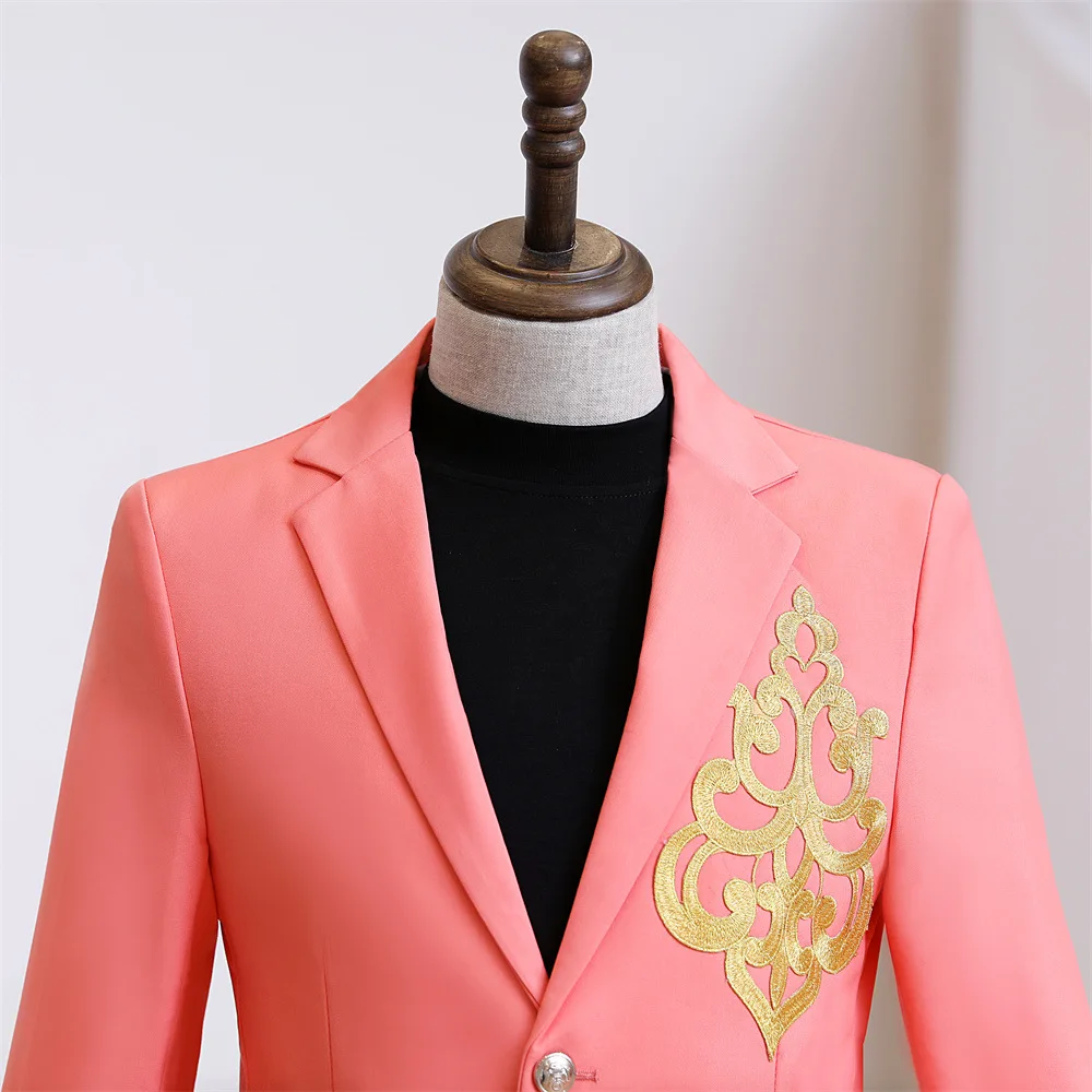 High Quality Men Suit Jacket Pink Single Breasted Chic Stage Prom Host Wedding Dress Costume Embroidery Banquet Male Blazer Coat
