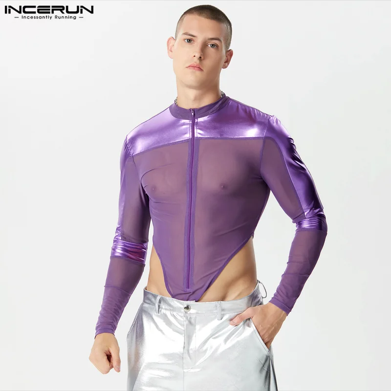 

Men Bodysuits Mesh Patchwork Shiny Zipper O-neck Long Sleeve Male Bodysuit Streetwear 2023 Transparent Fashion Rompers INCERUN