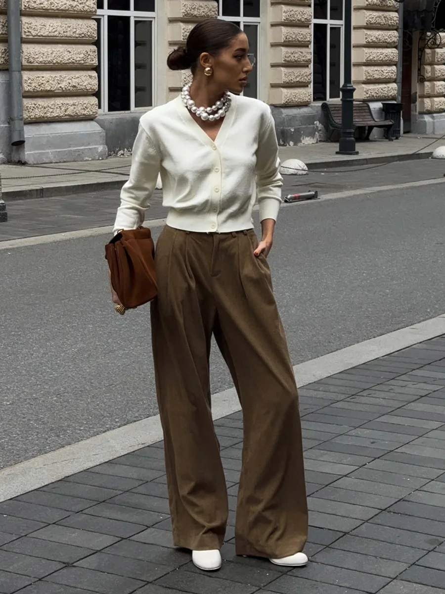 Bornladies Women's New Wide Leg Pants 100% Cotton Loose Fit Drapey Trendy Waist Autumn Winter Fashion Trousers