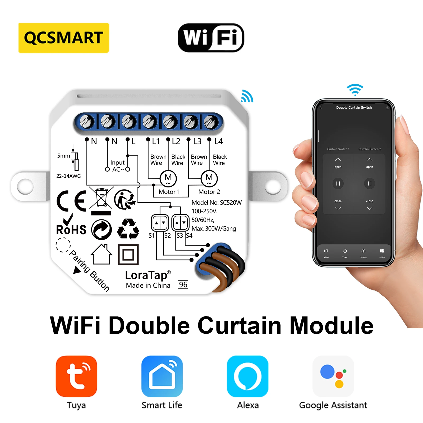 QCSMART Double Curtain Switch Module for Blinds Roller Shutter Electric Motor Tuya Smart Life Voice Control Google Home Alexa