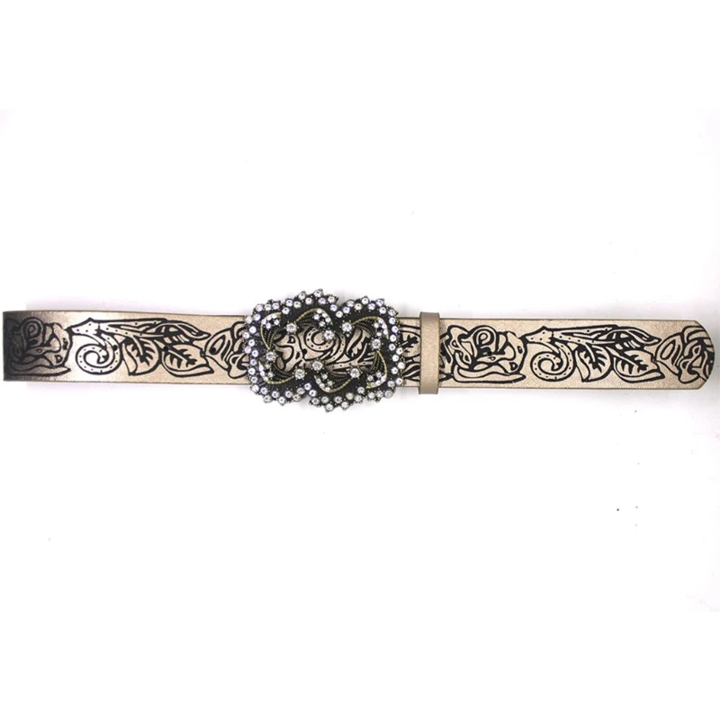 

652F Fashion Womens Leather Belt, Soft Leather Waist Belt with Rhinestones Pin Buckle Floral Embossed for Jeans Pants