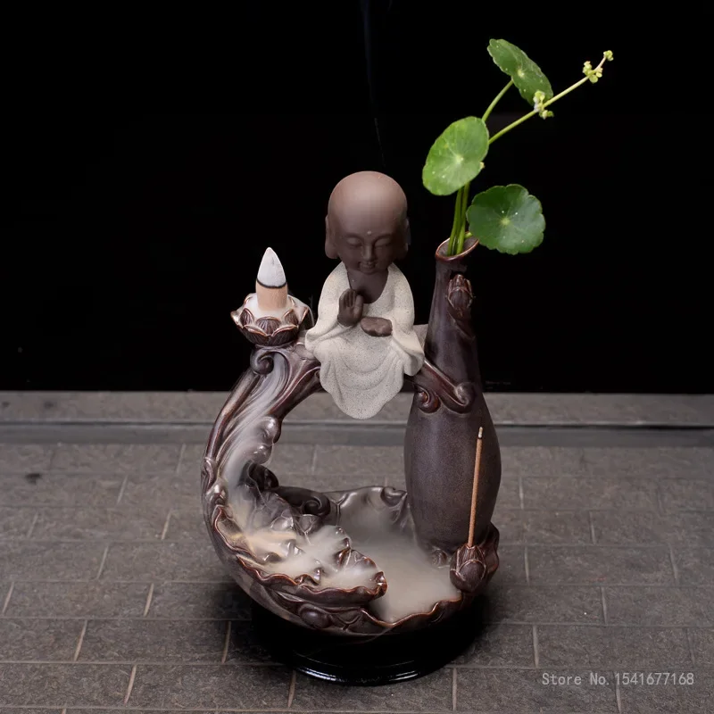 Ceramic Backflow Incense Burner, Three Holy Vase, Lotus Leaf Ornament, Home Decoration Accessories Purple sand censer, 1Pc