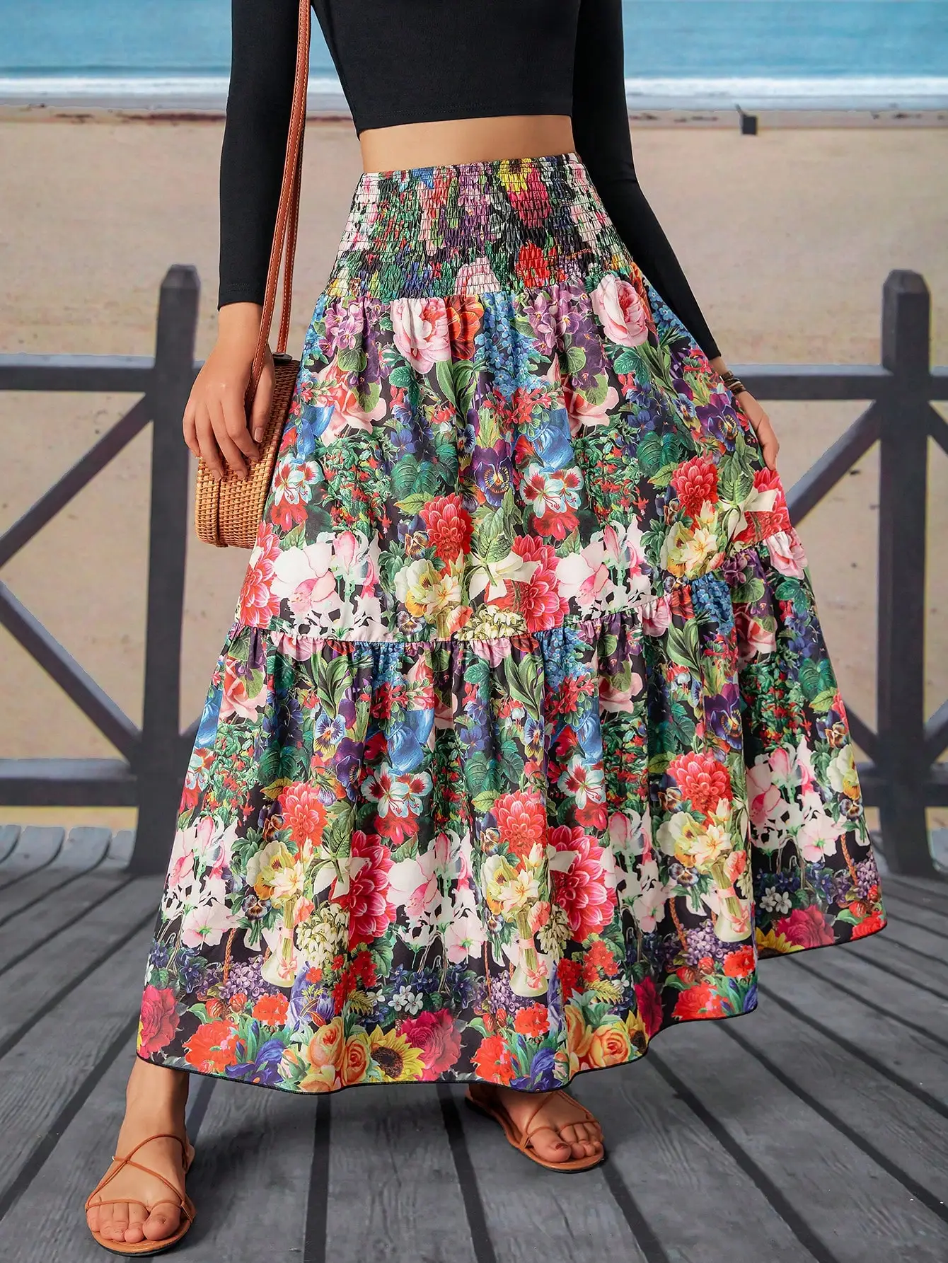 Women's Floral Tiered Smocked Waist Maxi Dress Skirts for Vacation Beach Casual 1