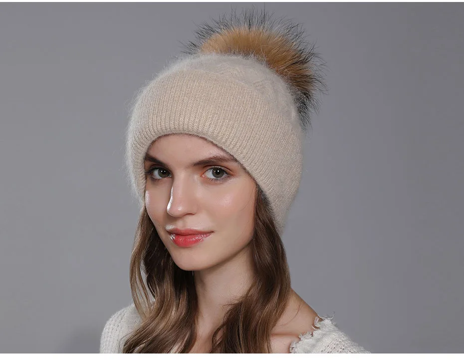 Frauen Angora Kaninchen Haar Stricken Hut Winter Gebratener Teig Wendungen doppel-schicht Bördeln Wolle Hut Waschbär Hund Pelz wolle Ball 4m864 – Detail 1