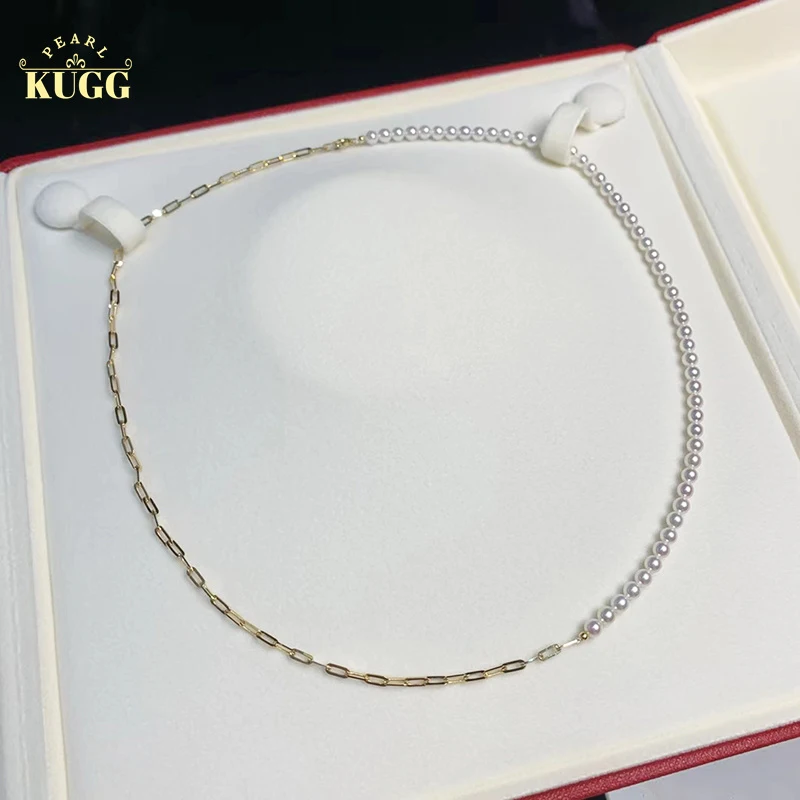 KUGG PEARL Solid 18K Yellow Gold Necklace 3.5-4mm Natural Feshwater Pearl Fashion Chunky Link Chain Design Jewelry for Lady kugg pearl 18k yellow gold necklace natural south sea gold pearl pendant diamond necklace for women fashion greative style fine