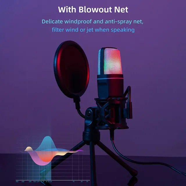 SF666R USB 마이크, 게이머, 팟캐스트 제작자, 스트리머, 고품질, 콘덴서 마이크, RGB 조명, 탁상 디자인, S-Mall 다이어프램