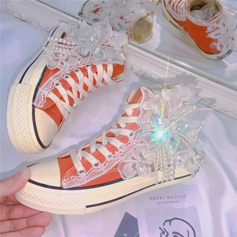 Summer 2022 Fashion Women Canvas Shoes High Women's Flat Vulcanized Shoes Orange Handmade Lace Bling Bow Sneakers