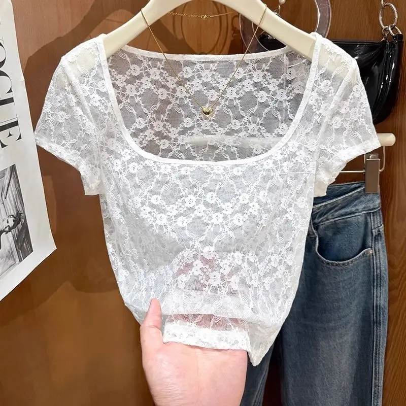 plus Size Ice Silk Lace ort Sve T-irt Women's Summer Pure Desire Me Thin Hollow out Low Ne Base Top