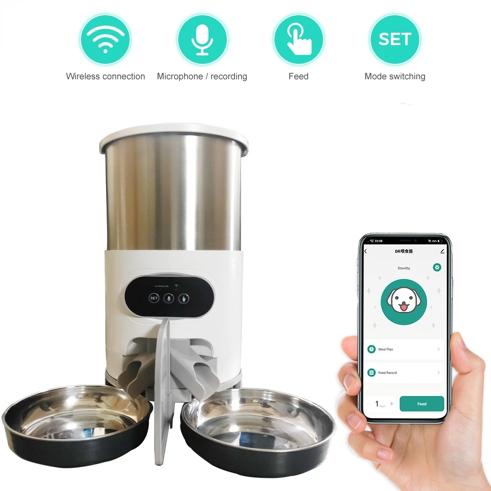 

Automatic Dog Or Cat Feeder Pets Dry Food Dispenser Double Bowls for Two Cats Puppy Dogs With WiFi Timing Feeding Voice Recorder