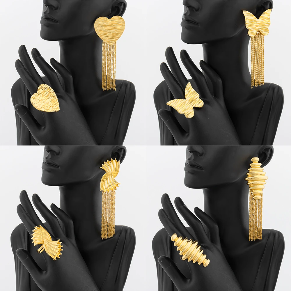 

2pcs Jewelry Set for Women Copper Gold Plated Long Tassel Earrings And Adjustable Rings Wedding Party Geometry Jewelry Accessory