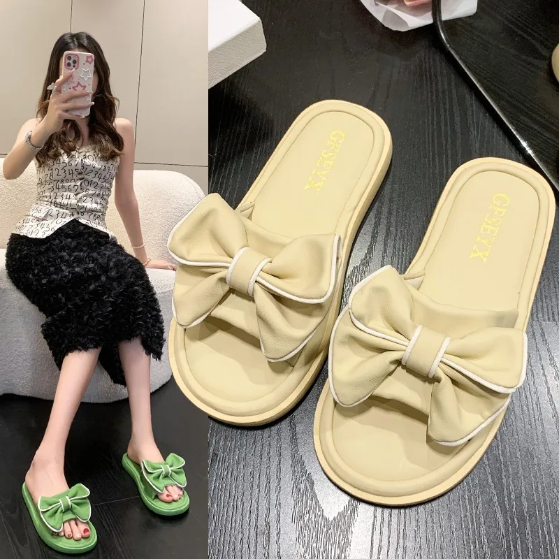 

New Korean Version 2cm Flat Shoes With Bow Embellished Slippers Women's Flip-Flops Green Sandals New 2023 Summer Slipper Fashion