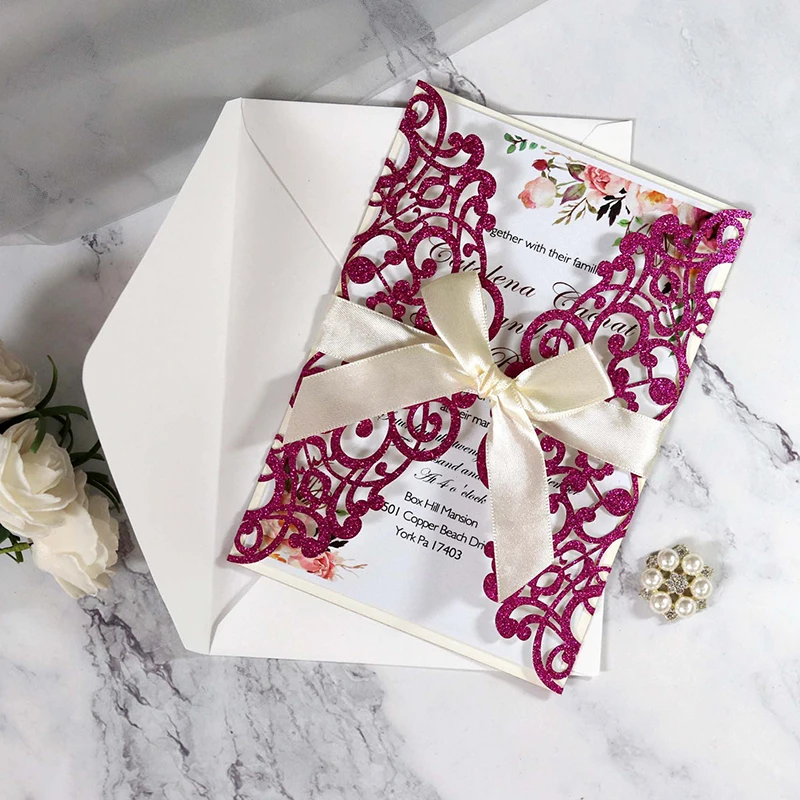 10PCS Laser Cut Blue Glitter Wedding Invitations with Ribbon – Elegant Gold Glitter Gre... - SKU LCIC0857 - UGI Packaging