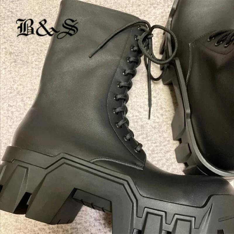 블랙 & 스트리트 하이탑 수제 불도저 남성용 기어 탱크 부츠, 두꺼운 밑창, 8cm