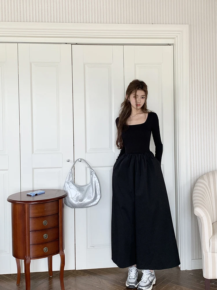 Casual Knitted Midi Dresses for Women Solid Long Sleeves Square Collar A-line Autumn New Elegant Dress Female Slim Vestidos