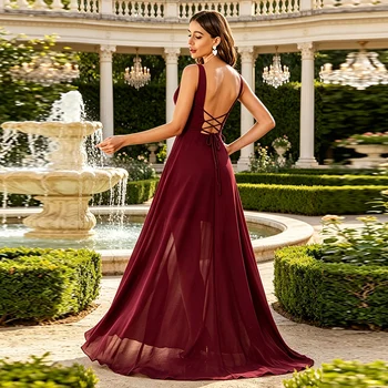 Elegant Wine Red Bridesmaid Dresses V-Neck Pleated Waist Lace Up Backless Long Wedding Guest Evening Gown