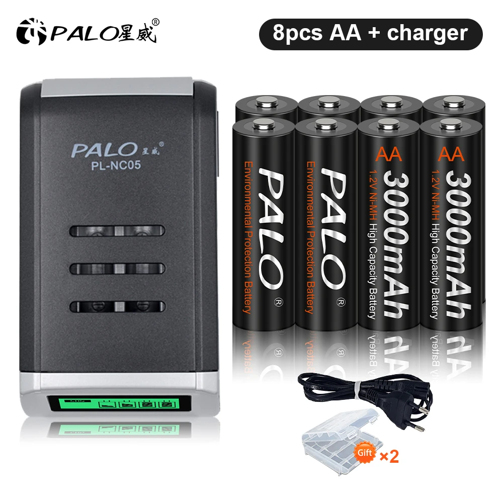Palo 1.2v Nimh Aa Rechargeable Battery 3000mah Aa Batteries + Lcd Smart Aa Battery Charger For
