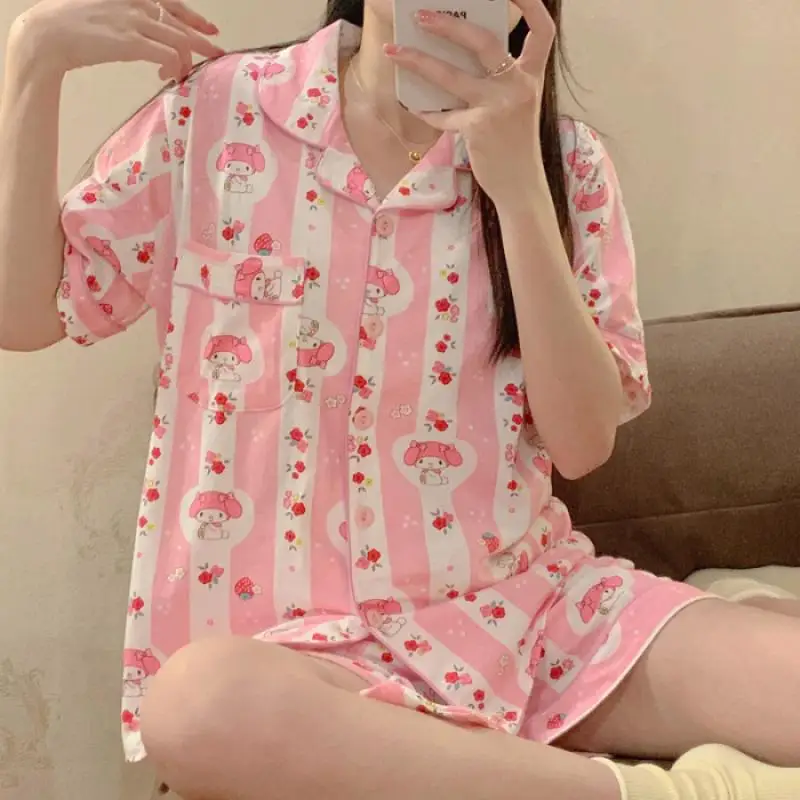 Sanrio Hellokitty Kuromi Mymelody Cinnamoroll Pompompurin Pajamas Summer Cool Comfort Fabric Multiple Styles Leisure For Girls