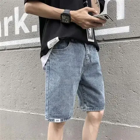 thumbnail image 1 of Pantalones cortos de mezclilla para hombre con bolsillos, pantalones vaqueros cortos rectos originales azules para hombre, nuevos pantalones cortos de moda Emo Y2k, pantalones cortos Xxxl con botones, 1 of 5
