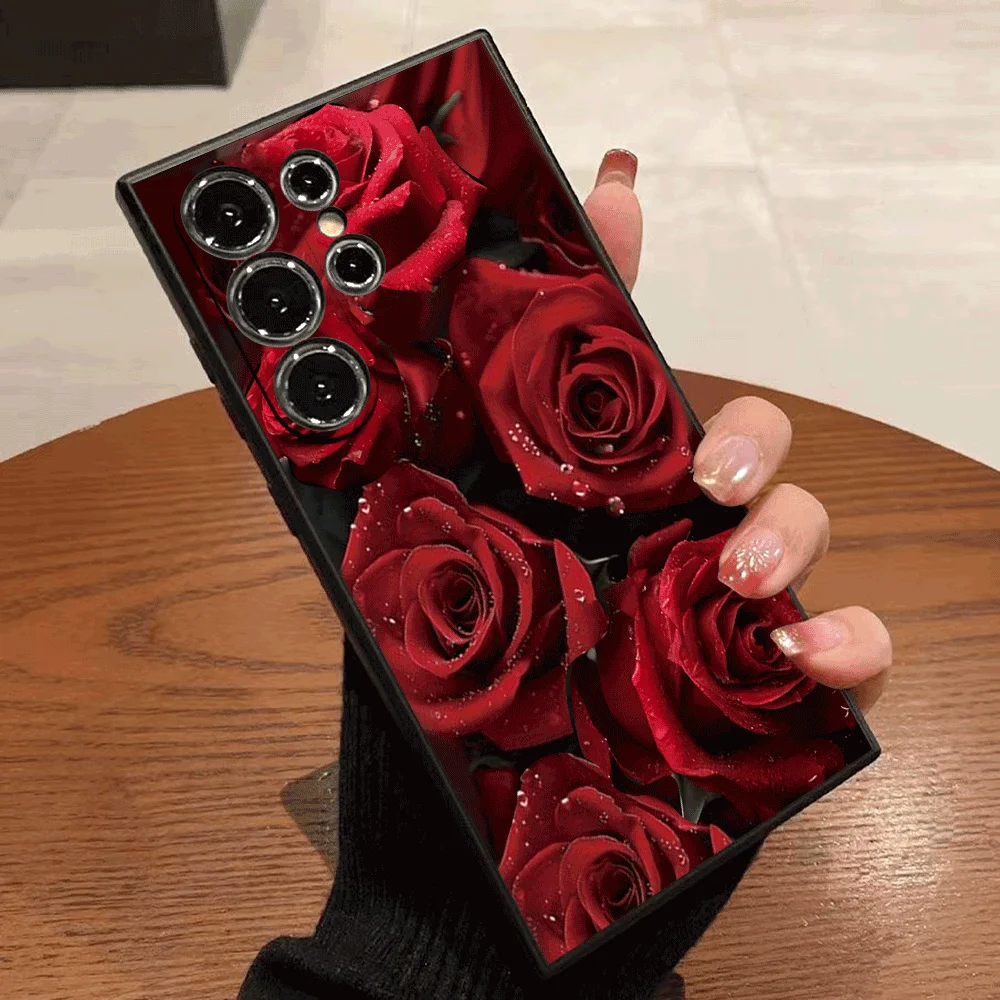 Elegant Red Rose Dew Drop Design Soft TPU Slim Fit Shockproof Phone Case
