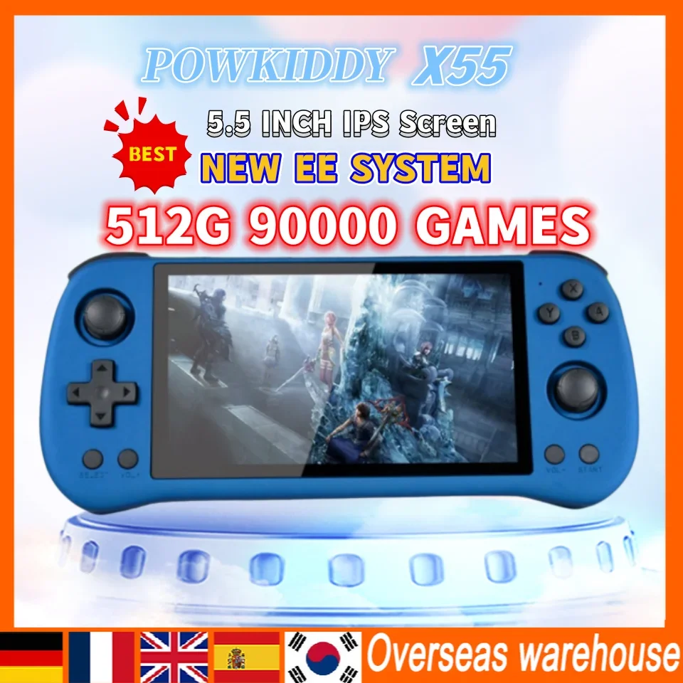 

Игровая консоль POWKIDDY X55, 5,5 дюйма, 1280*720 IPS экран, ретро, портативная игровая консоль RK3566, 512 ГБ, 90000, двойная TF-карта, HDMI, подарок для детей